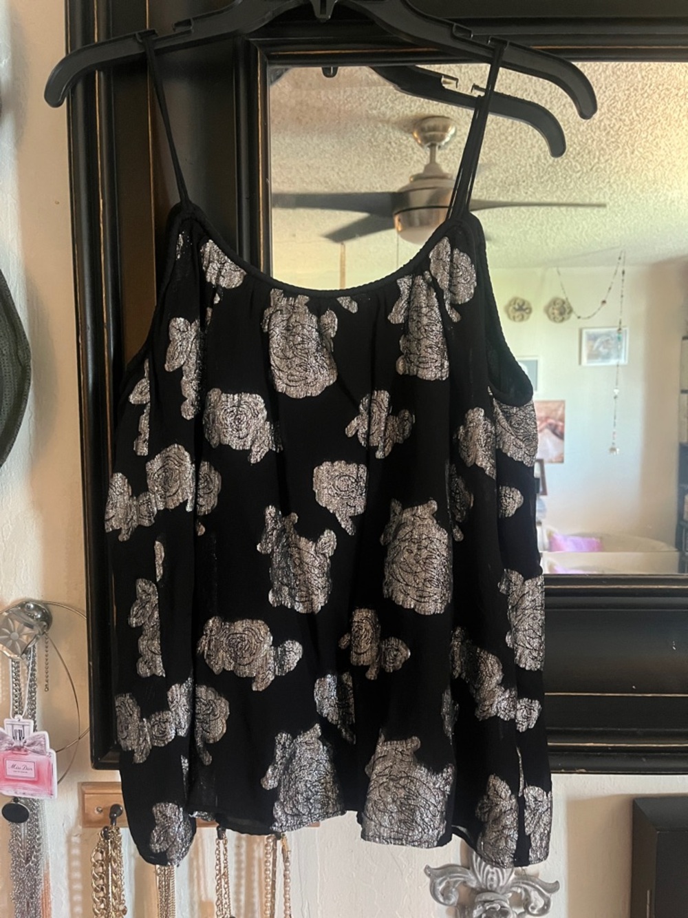 Lucky Brand Black Camisole Tank with Metallic Silver Floral Print